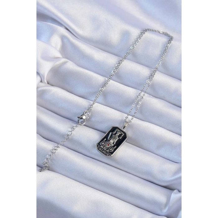 316L Çelik Zincir Gümüş Renk Siyah Mineli Tarot Kolye