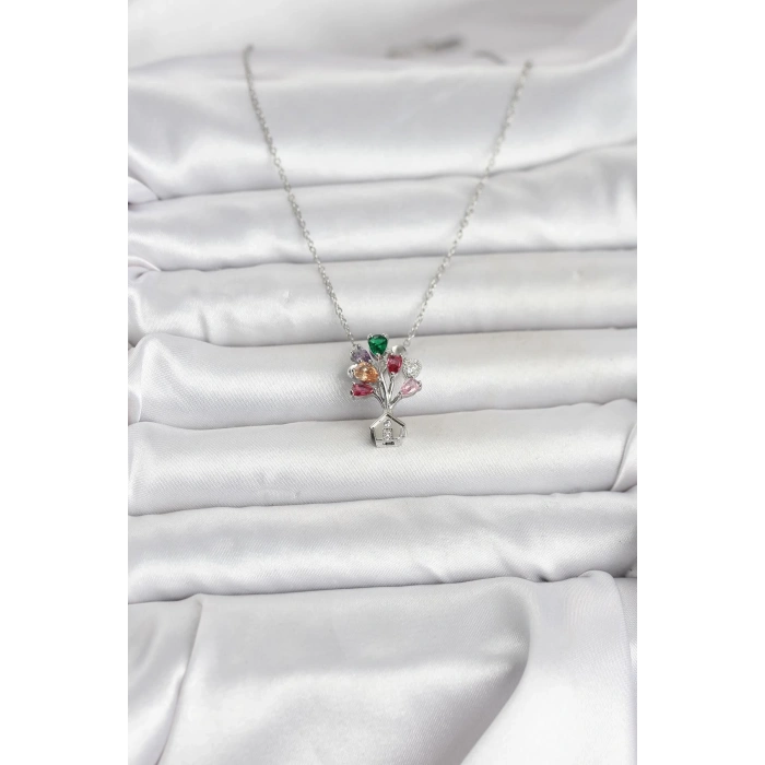 316L Çelik Zincir Gümüş Renk Uçan Balon Ev Figür Kadın Kolye