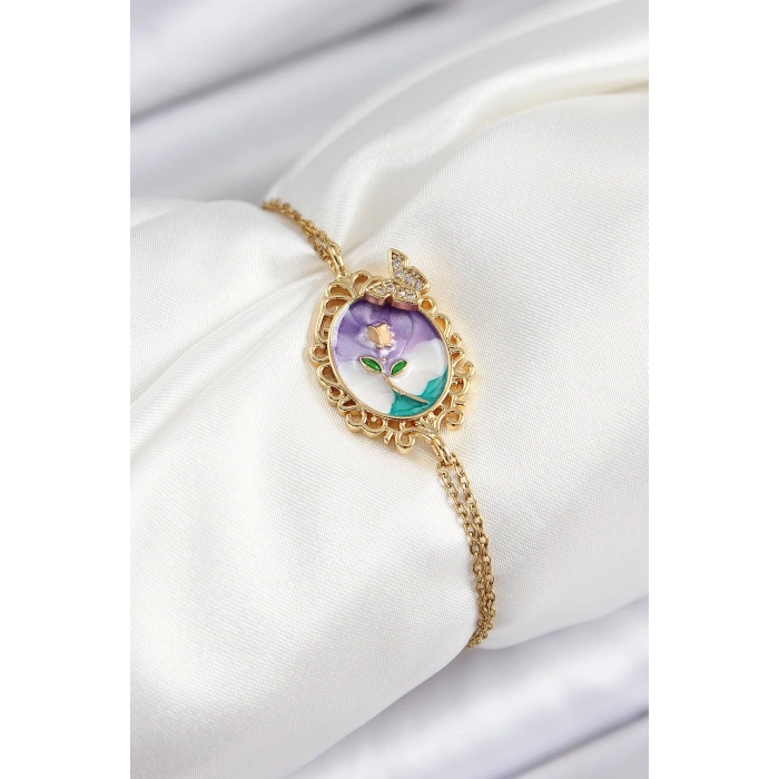 316L Çelik Zincir Mineli Sanatsal Portre Zirkon Taşlı Kelebek Detaylı Çiçek Model Gold Renk Kadın Bileklik