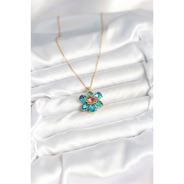 316L Çelik Zincirli Mavi Çiçek Model Kadın Kolye