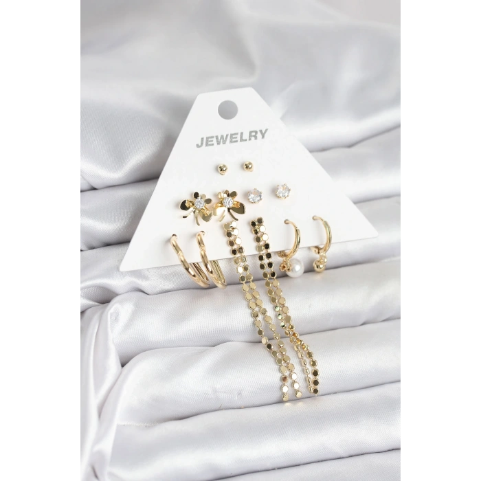 Gold Renk Pirinç 6lı Kadın Küpe Seti