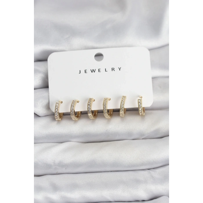 Gold Renk Pirinç Zirkon Taşlı Halka Kadın Küpe Seti