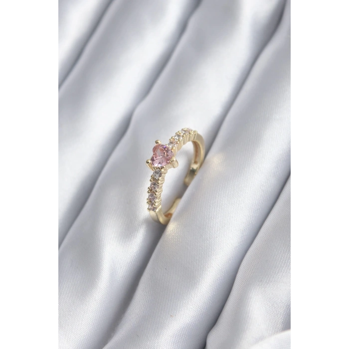 Gold Renk Zirkon Taşlı Pembe Kristal Kalp Model Kadın Yüzük