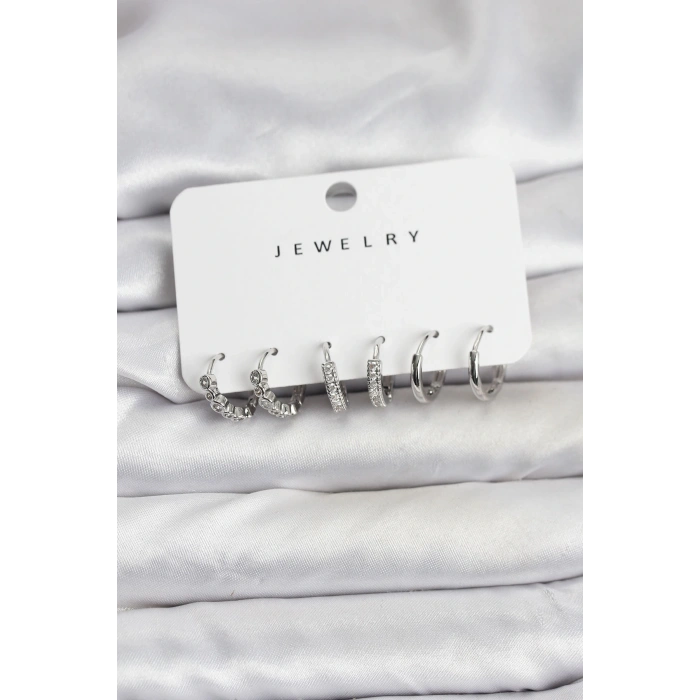 Gümüş Renk Pirinç Zirkon Taşlı Kadın Küpe Seti