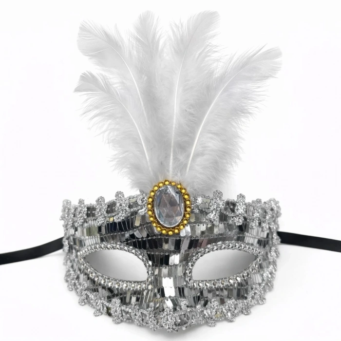 Lüks Gümüş Tüylü Taşlı Balo Maskesi