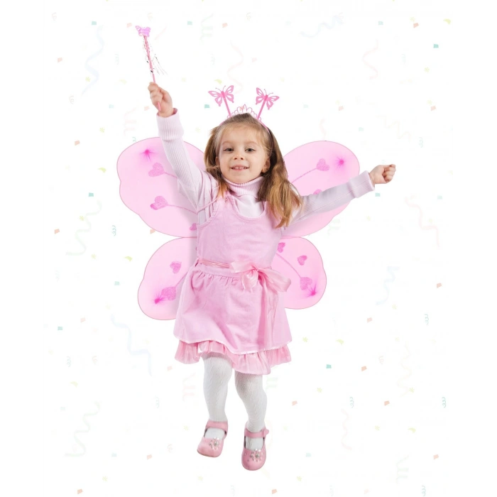 Pembe Kelebek Kız Seti – 50 Cm Kelebek Kanadı, Taç Ve Asa