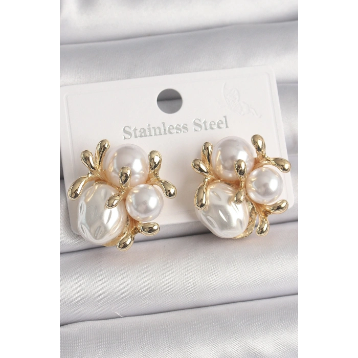 Pirinç Gold Renk İnci Tomurcuk Model Kadın Küpe