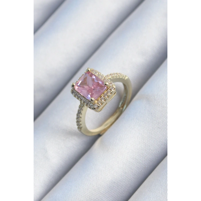 Pirinç Gold Renk Pembe Zirkon Taşlı Kadın Yüzük