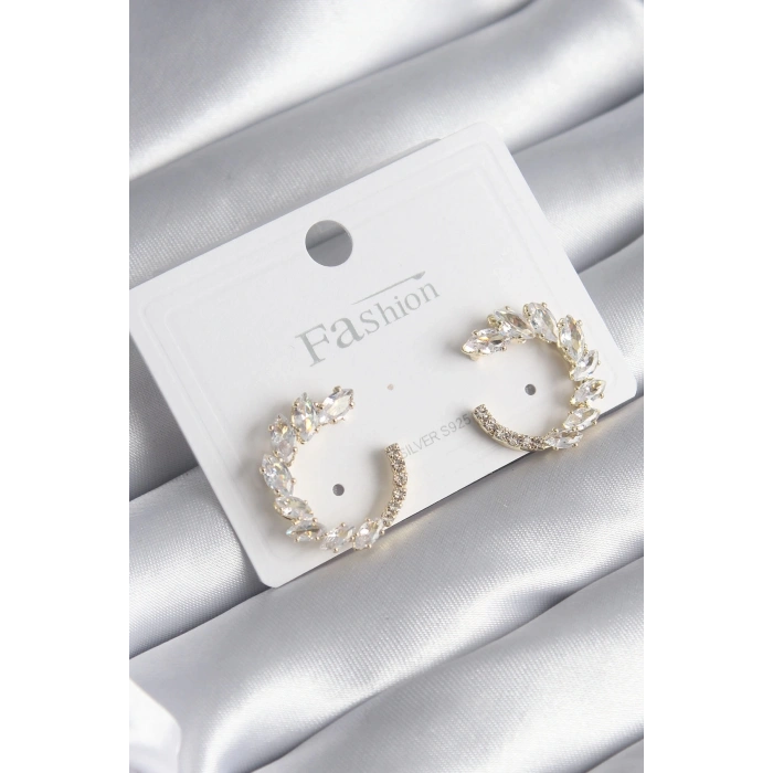 Pirinç Gold Renk Zirkon Taşlı Kadın Küpe