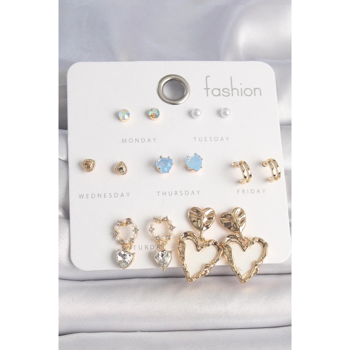 Pirinç Gold Renk Zirkon Taşlı Sallantı Beyaz Sedefli Kalp Model 7 Çift Kadın Küpe Seti