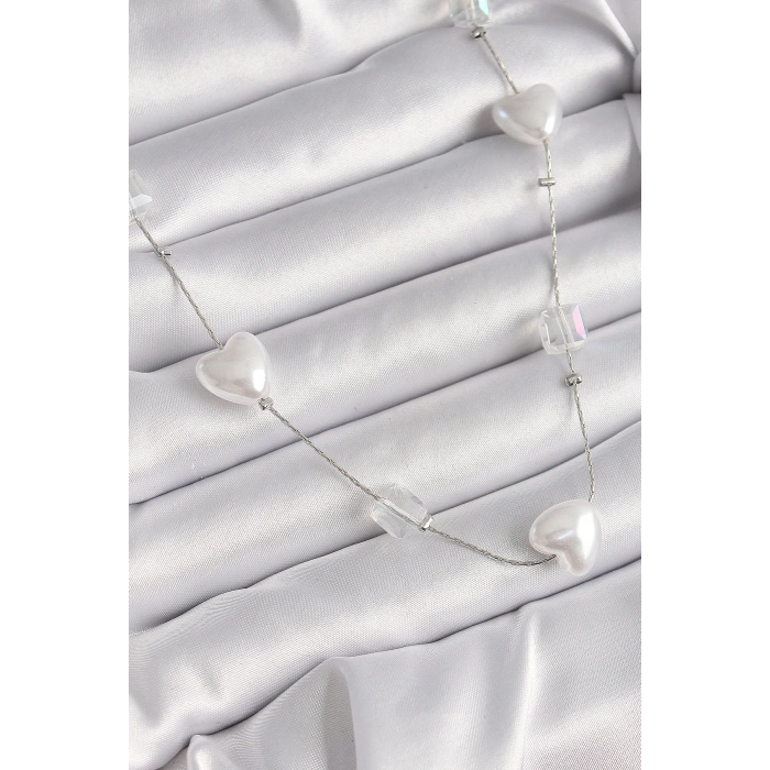 Pirinç Gümüş Renk Beyaz İnci Kalp Model Kadın Kolye