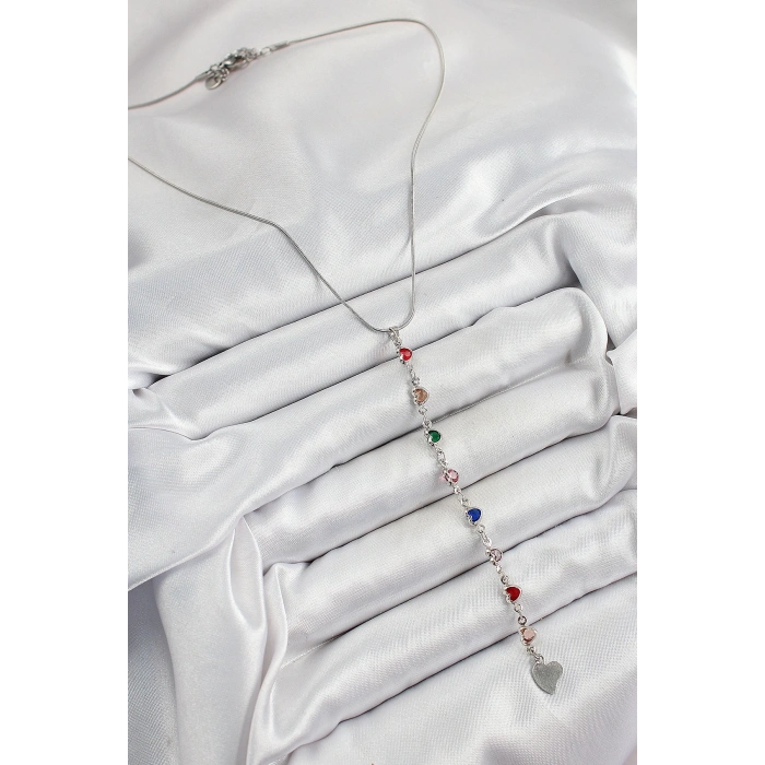 Pirinç Gümüş Renk Karışık Renk Zirkon Taşlı Kalpli Y Kadın Kolye