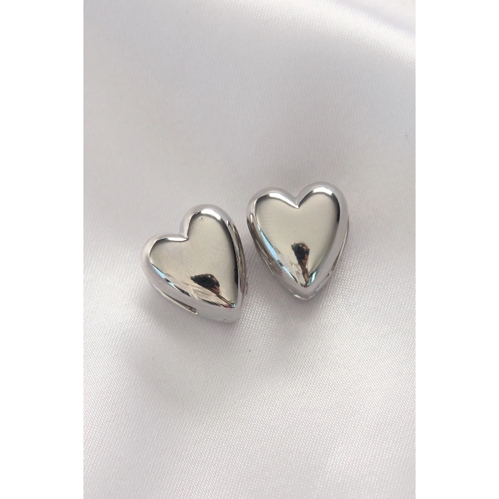 Pirinç Gümüş Renk Minimal Bombeli Kalp Küpe