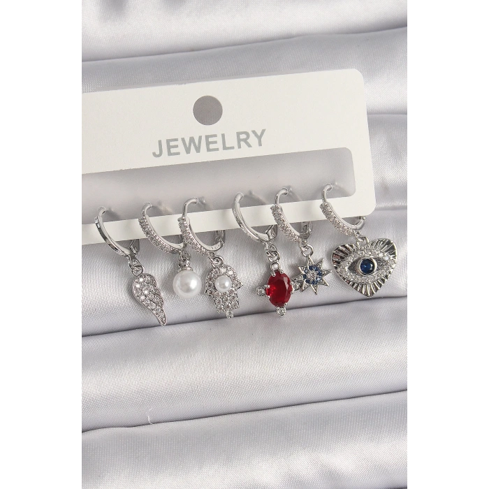 Pirinç Gümüş Renk Sallantı Zirkon Taşlı Fatma Ana El Figür Kadın Küpe Seti