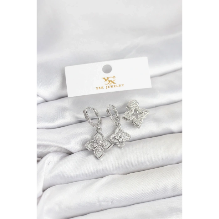 Pirinç Gümüş Renk Yonca Model YSX Trio Küpe Seti