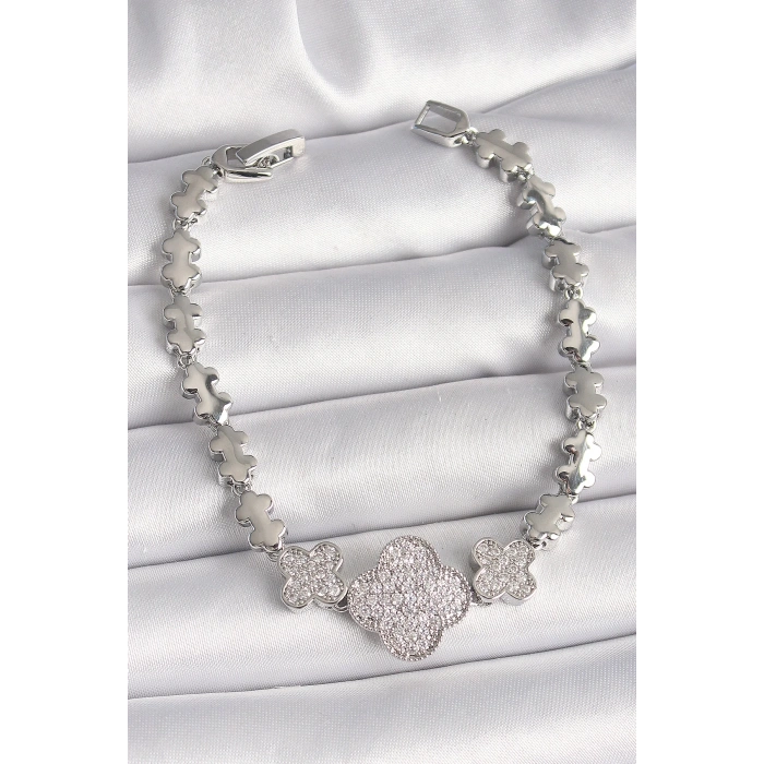 Pirinç Gümüş Renk Zirkon Taşlı Yonca Model Zincir Model Kadın Bileklik