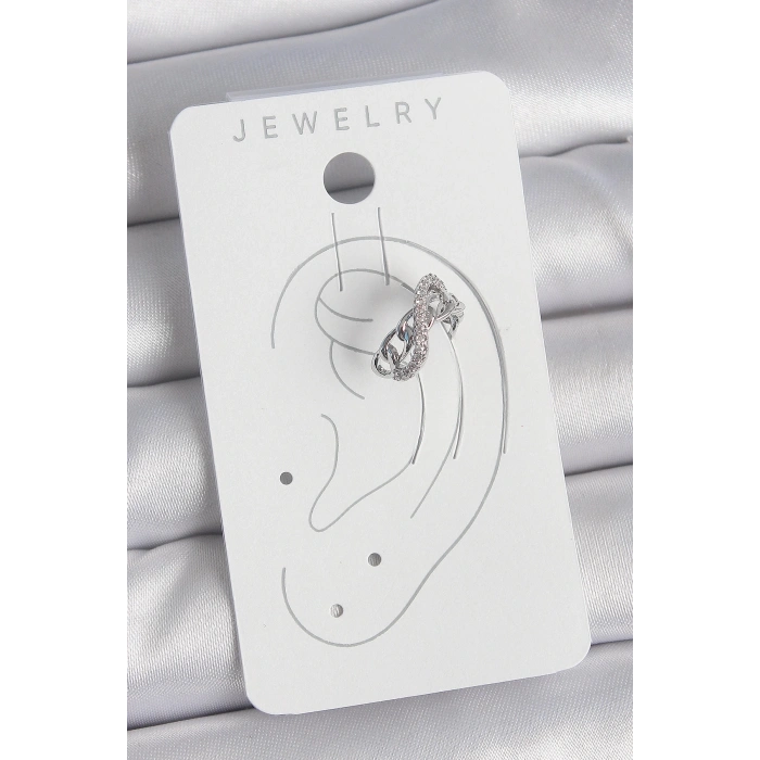 Pirinç Gümüş Renk Zirkon Taşlı Zincir Sonsuzluk Model Kadın Kıkırdak Küpe