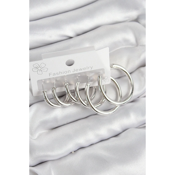 Pirinç Halka Model Gümüş Renk Kadın Set Küpe