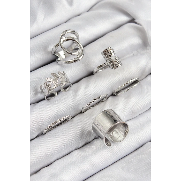 Pirinç Yaprak Model Gümüş Renk Kadın Yüzük Kombin Set