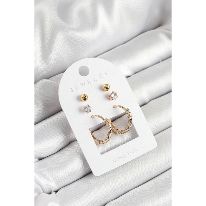 Pirinç Zirkon Taş Ve Halka Figürlü Gold Renk 3lü Çift Kadın Küpe Set