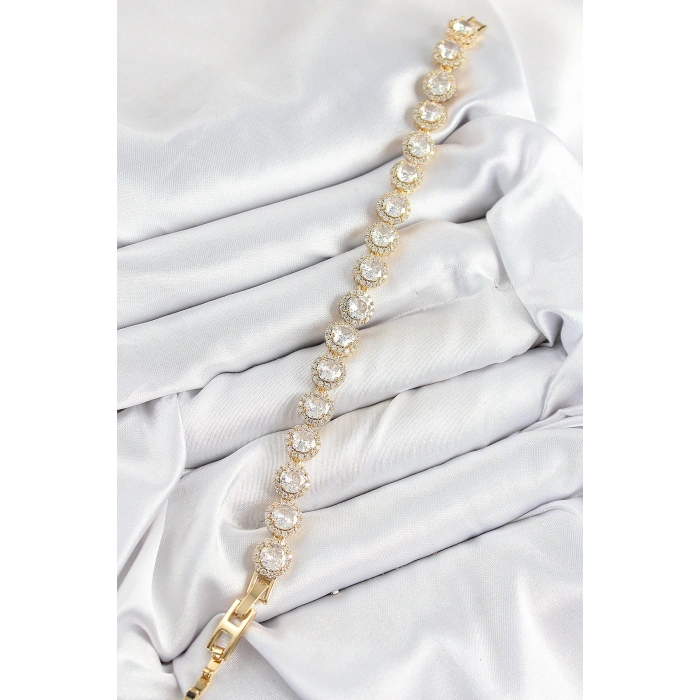 Pirinç Zirkon Taşlı Daire Baget Model Gold Renk VIP Seri Kadın Bileklik