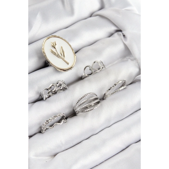 Pirinç Zirkon Taşlı Lale Model Gümüş Renk Kadın Yüzük Kombin Set