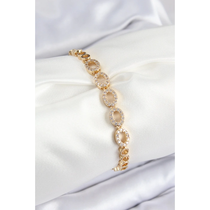 Pirinç Zirkon Taşlı Oval Model Gold Renk Kadın Bileklik