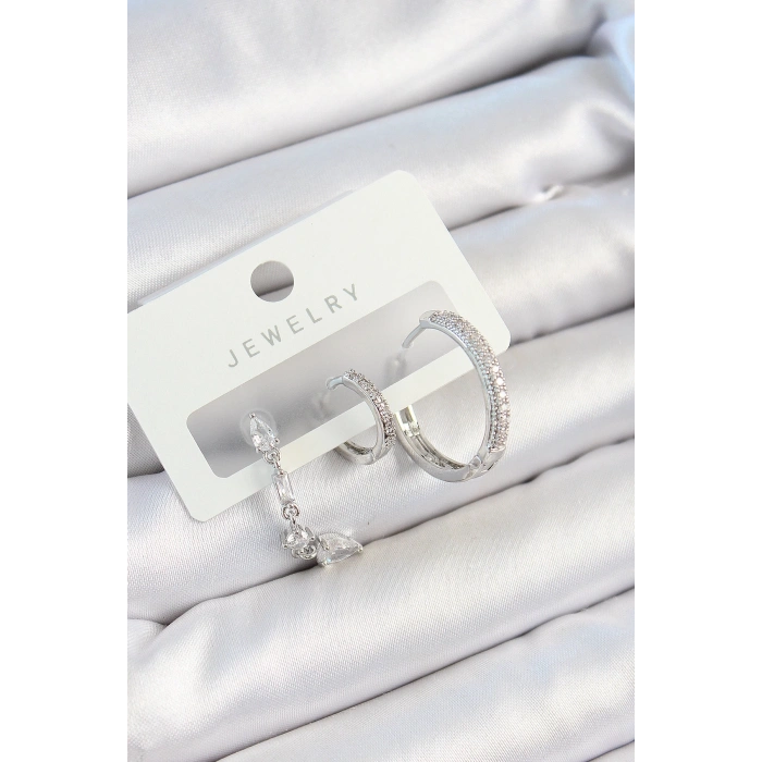 Pirinç Zirkon Taşlı Sallantılı Model Gümüş Renk 3lü Çift Kadın Küpe Set
