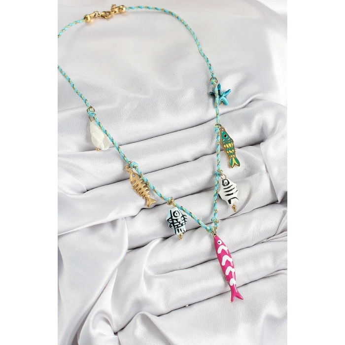 Seramik Motifli Pembe Balık Figürlü Model Mavi İp Kadın Kolye