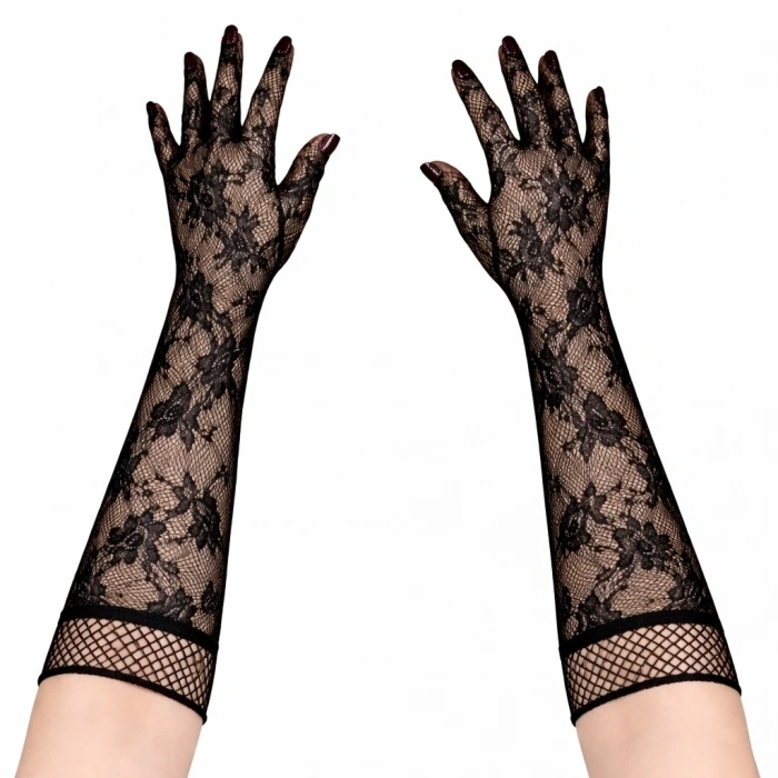 Siyah Uzun Gül Desenli Dantel Kadın Eldiveni