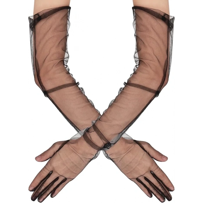 Uzun Boy Likralı Siyah Renk Yetişkin Mega Tül Eldiven 53 Cm