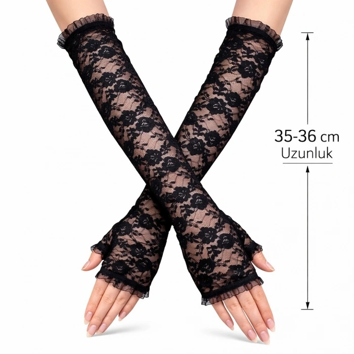 Uzun Zarif Dantel Eldiven Parmaksız Siyah 35 Cm