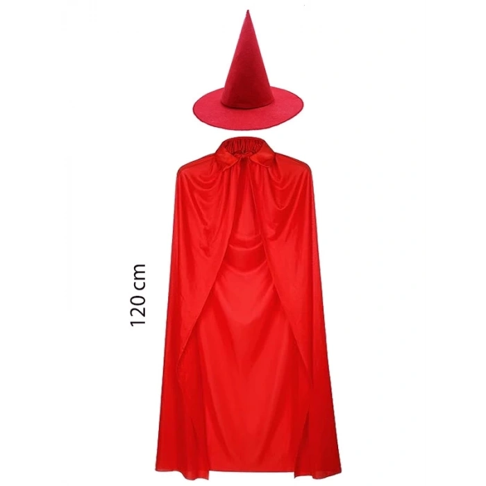 Yetişkin Boy 120 Cm Kırmızı Yakalı Pelerin Ve Kırmızı Cadı Şapkası