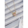 316L Çelik Zincir Altın Renk Pembe Zirkon Taşlı Fiyonklu Kalp Kolye