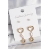 Pirinç Gold Renk Zirkon Taşlı Sallantı Kalp Model Kadın 3 Çift Küpe Seti
