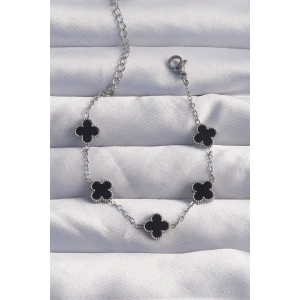 316L Çelik Baby Boy Gümüş Renk Siyah Mineli Yonca Bileklik