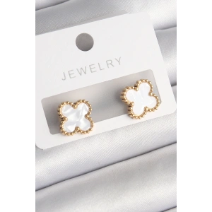 316L Çelik Gold Renk Beyaz Minelik Yonca Model Kadın Küpe