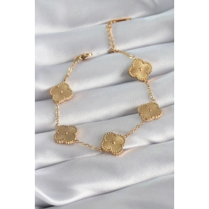 316L Çelik Gold Renk Yonca Model İşleme Detay Kadın Bileklik