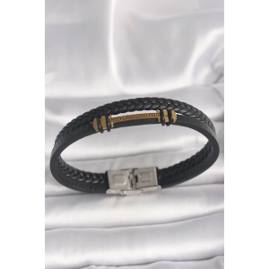 316L Çelik Gold Renk ZikZak İşlemeli Aksesuarlı Çift Sıra Burgu Desenli Deri Kordon Erkek Bileklik