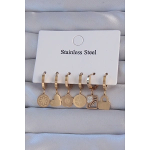 316L Çelik Gold Renk Zirkon Taşlı Çiçek Figürlü Kalp Model Halka Küpe Seti