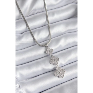 316L Çelik Gümüş Renk İtalyan Zincir Zirkon Taşı Yonca Model Kadın Kolye
