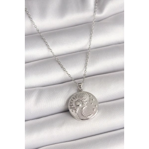 316L Çelik Gümüş Renk Zincir Zirkon Taşlı Ay Güneş İşlemeli Madalyon Model Kadın Kolye