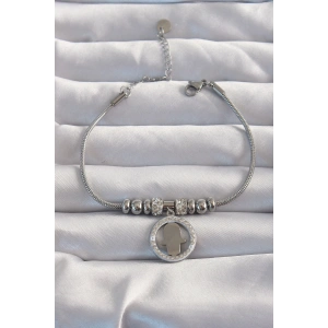 316L Çelik Gümüş Renk Zirkon Taş Aksesuarlı Fatma Ana Eli Bileklik