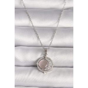316L Çelik Gümüş Renk Zirkon Taşlı Pembe Sedefli Hilal Model Kadın Kolye
