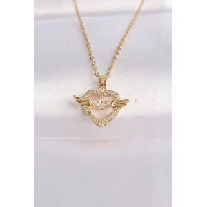 316L Çelik Zincir Altın Renk Zirkon Taşlı Kanatlı Kalp Kolye