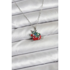 316L Çelik Zincir Gümüş Renk Kızak ve Çam Ağacı Figürlü Yılbaşı Temalı Kadın Kolye