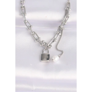 316L Çelik Zincir Gümüş Renk Zincirli Love Yazılı Kilit Kolye