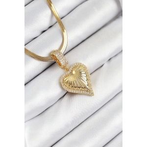 316L Çelik Zirkon Taşlı Kalp Model Gold Renk Kadın Kolye