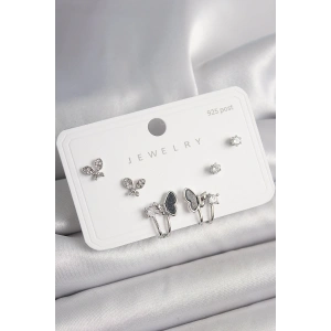 925 Ayar Gümüş Çivi Pirinç Gümüş Renk Zirkon Taşlı Kelebek Model Kadın Küpe Seti