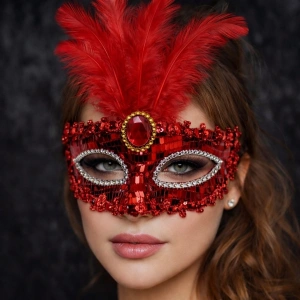 Lüks Kırmızı Tüylü Taşlı Balo Maskesi